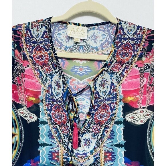 ASA Kaftans Womens Medium Multi Print Sheer Tassel Tie Blouse Boho Festival - Picture 2 of 7